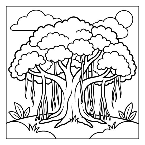Wide banyan tree with many hanging aerial roots and a broad canopy, coloring page