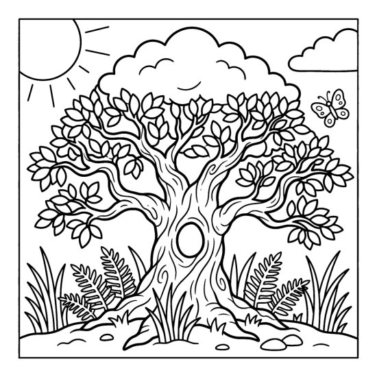 Old gnarled tree with a round hollow in its trunk among ferns and grass, coloring sheet