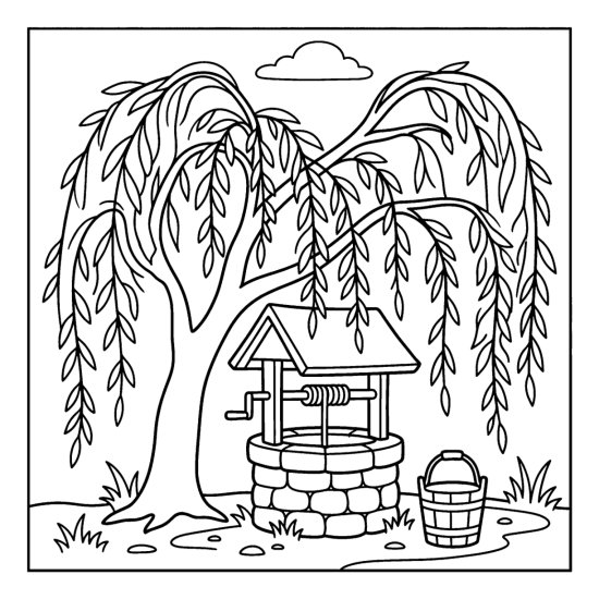 Weeping willow draping over an old stone well with a wooden bucket nearby, coloring sheet