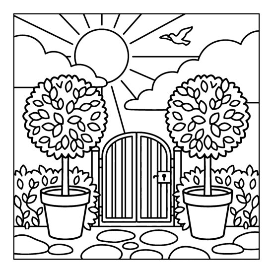 Two round topiary trees in pots flanking a garden gate with a low hedge, coloring page