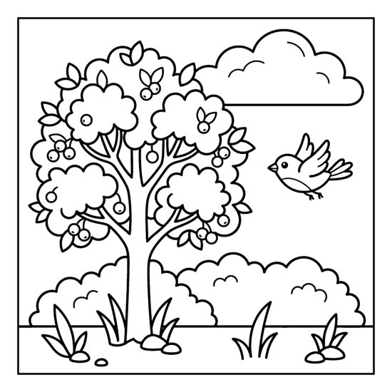 Hawthorn tree dotted with round berries as a small bird flies past, coloring sheet