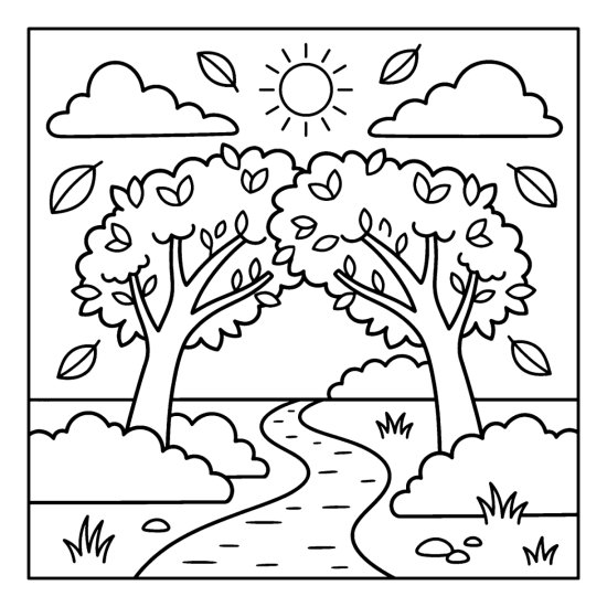 Two leafy trees leaning together to form an arch over a winding path, coloring page