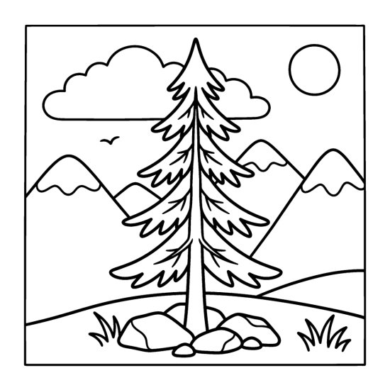 Tall pine tree in front of simple snow capped mountains with a cloud, coloring sheet