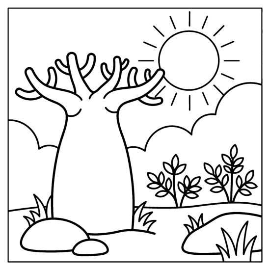Wide baobab tree with a thick trunk and stubby branches on the savanna, coloring page