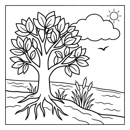 Leafy tree with spreading roots on a riverbank beside reeds and water, coloring sheet