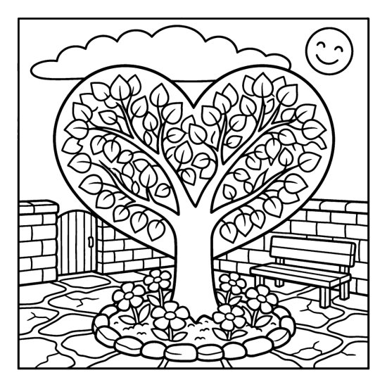 Linden tree with a heart shaped canopy above a round flower bed, coloring page