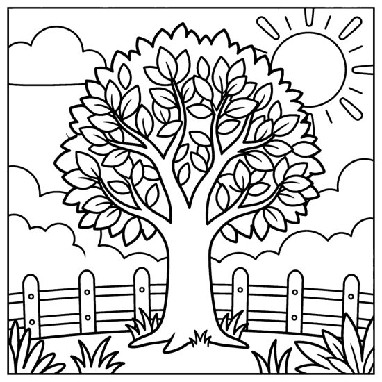 Tall beech tree with a smooth trunk and dense crown behind a low fence, coloring sheet