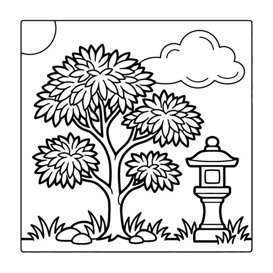 Japanese maple with lacy layered leaves beside a stone lantern on grass, coloring page