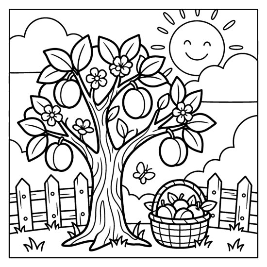 Plum tree with round fruits and blossoms above a small basket of plums, coloring page