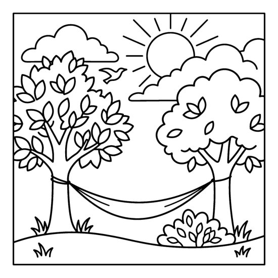 Hammock strung between two leafy trees over the grass under the sun, coloring sheet