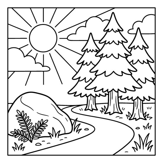 Cluster of three evergreen pines along a winding forest trail with ferns, coloring page