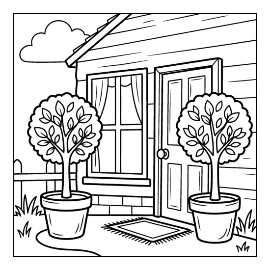 Two potted trees with round crowns flanking a doorway with a doormat, coloring sheet