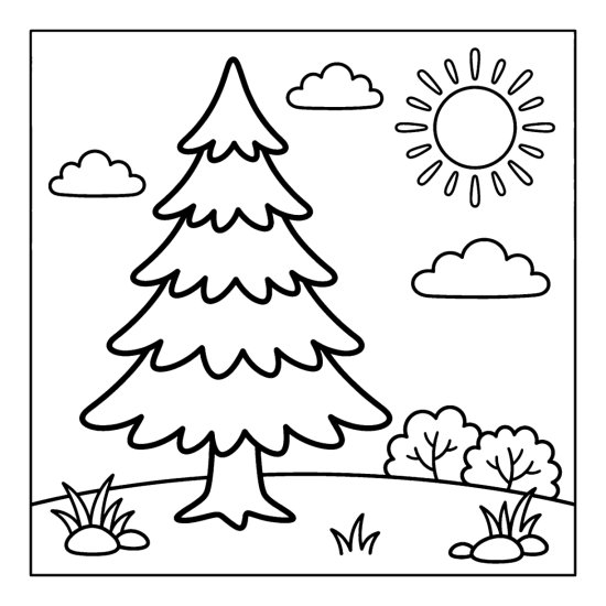 Tall spruce tree with layered branches in a clearing under a bright sun, coloring sheet