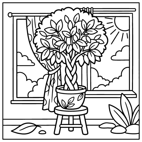 Braided money tree in a pot on a stool before a curtained window, coloring page