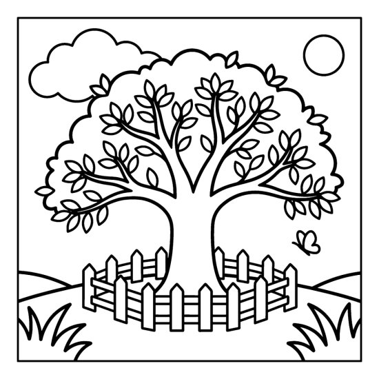 Tall elm tree with an arching crown on a village green behind a picket fence, coloring sheet
