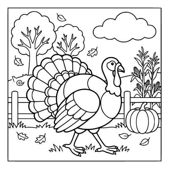 Turkey strutting with a fully fanned tail beside a rail fence, corn stalks and a pumpkin, bold and easy