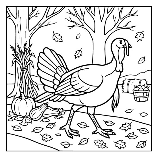 Turkey walking through scattered leaves past a corn shock and a basket of apples, coloring page