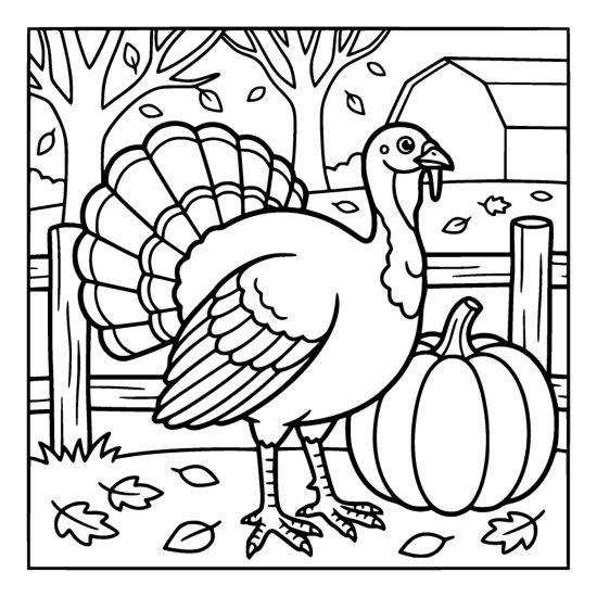 Turkey with a fanned tail standing beside a large pumpkin in front of a barn, bold and easy