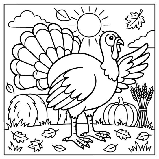 Turkey with one wing lifted standing between a hay bale, a pumpkin and a wheat sheaf, coloring sheet