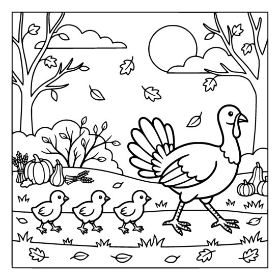 Mother turkey walking with three small chicks following behind her past pumpkins and gourds, bold and easy