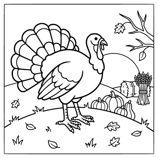 Turkey standing on a rounded grassy hill above a row of pumpkins and a wheat sheaf, coloring page