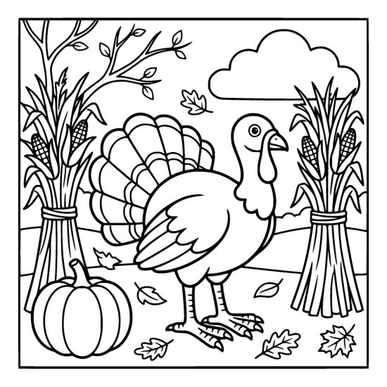 Turkey standing between two tall corn shocks with a pumpkin resting at its feet, bold and easy