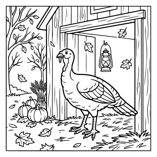 Turkey standing in an open barn doorway below a hanging lantern with pumpkins outside, coloring sheet
