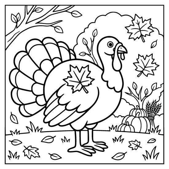 Turkey with a maple leaf resting on its back among drifting leaves and pumpkins, bold and easy