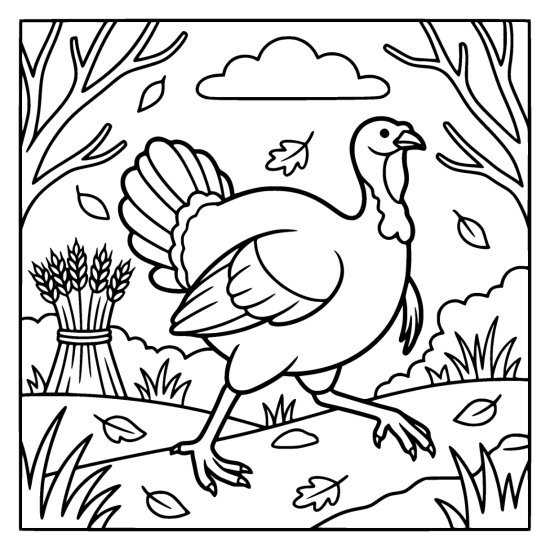 Turkey striding quickly across a stubble field past a wheat sheaf with leaves blowing past, coloring page