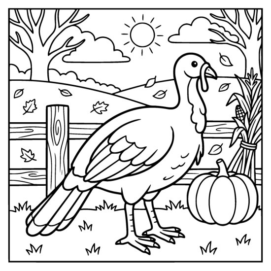Turkey with its tail closed standing by a fence post below the sun and a corn shock, coloring sheet