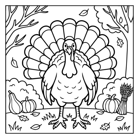 Turkey facing forward with its tail fanned wide between gourds and a wheat bundle, coloring page