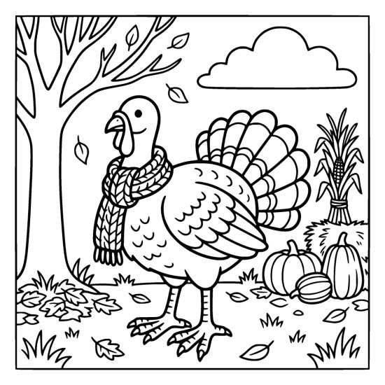 Turkey wearing a knitted scarf under a bare tree beside pumpkins and a corn shock, bold and easy
