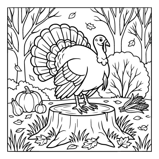 Turkey standing on a wide tree stump in a bare wood with pumpkins and corn cobs, coloring page