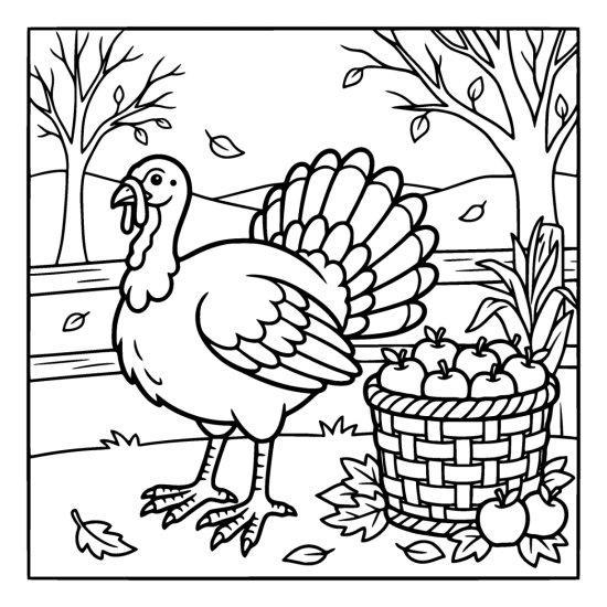 Turkey standing beside a woven basket heaped with apples in front of a rail fence, coloring sheet