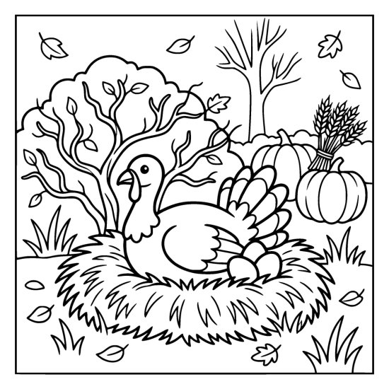 Turkey settled on a grassy nest with eggs showing beside a pumpkin and a wheat sheaf, bold and easy