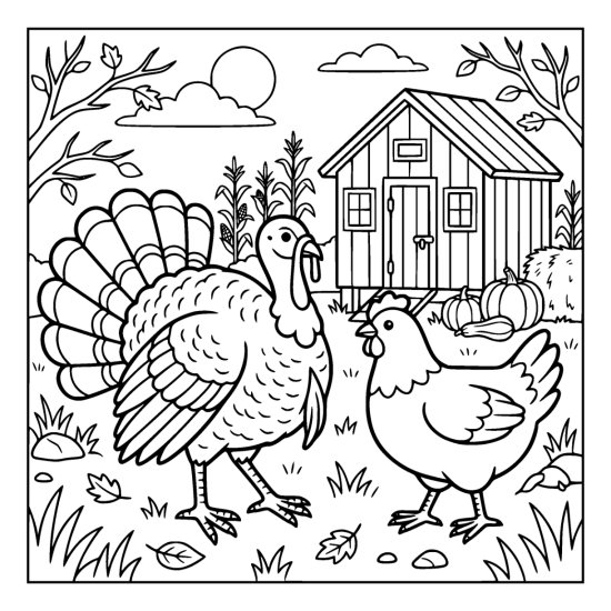 Turkey and a hen standing together outside a plank walled coop with corn and pumpkins, coloring page