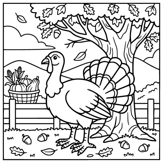 Turkey standing under a broad oak tree beside a basket of gourds and a wooden fence, coloring sheet