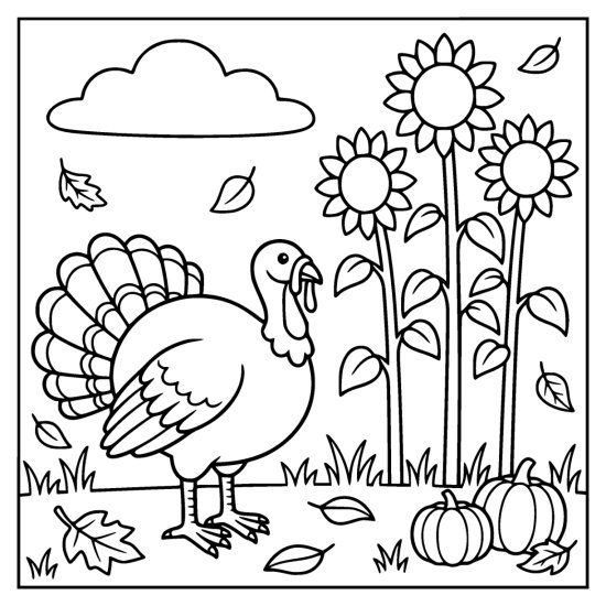 Turkey standing beside three tall sunflowers with pumpkins at the edge of the field, bold and easy
