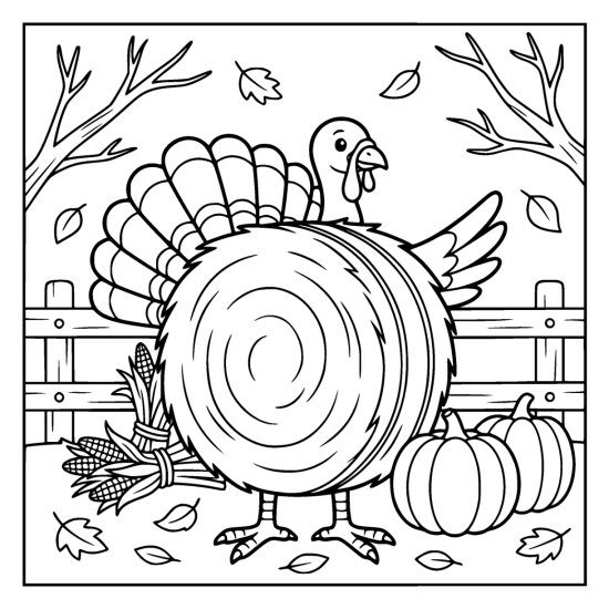 Turkey peeking out from behind a large round hay bale beside corn cobs and pumpkins, coloring page