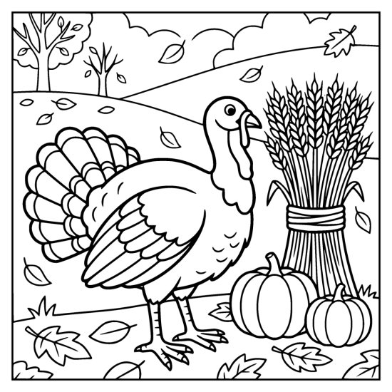 Turkey standing beside a tied bundle of wheat with two pumpkins and rolling hills behind, coloring sheet