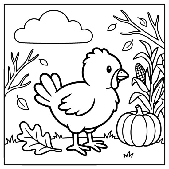 Small fluffy turkey chick standing beside a corn stalk and a round pumpkin, coloring sheet
