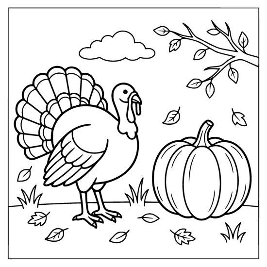 Turkey standing next to a large ribbed pumpkin under a leafy branch and a cloud, coloring page