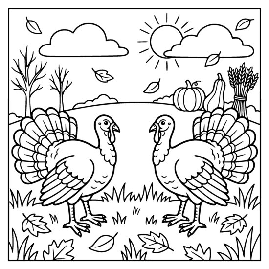 Two turkeys facing each other in a field below a rising sun with pumpkins, bold and easy