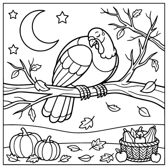 Turkey roosting asleep on a bare branch under a crescent moon above pumpkins and a basket, coloring page