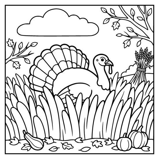 Turkey standing among tall grass blades with a wheat sheaf and small pumpkins nearby, bold and easy