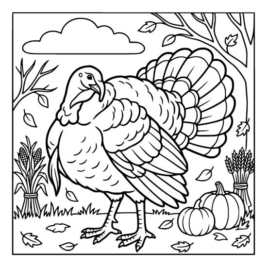 Turkey preening its breast feathers between two corn shocks with pumpkins at its feet, bold and easy