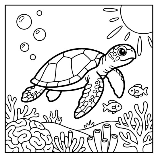 A sea turtle glides over a coral reef with two small fish and bubbles, coloring page