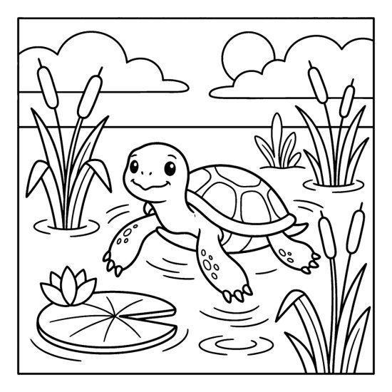 A turtle pokes its head from the pond among tall reeds with a lily pad, bold and easy