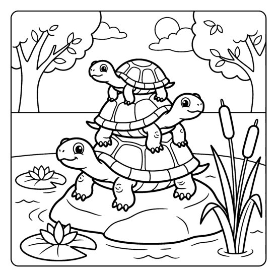 Three turtles stack on a smooth rock by the pond with cattails, coloring page