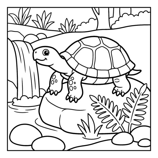 A turtle rests on a river rock beside a small waterfall and ferns, coloring sheet